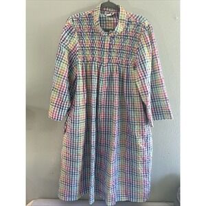 Vintage Metropolitan Housecoat Robe Mumu Seersucker Rainbow Pastel Checkered L